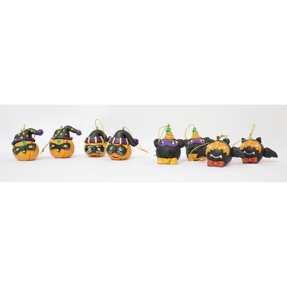 Clay‎ Halloween Ornaments Cat Mask Pumpkin, Bat, Black Cat - Lot of 8